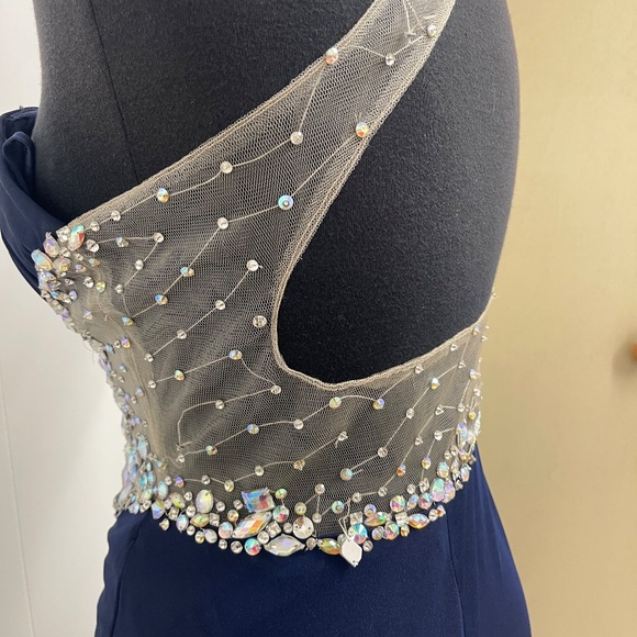Val Stefani Prom Navy Blue One Shoulder Beaded Mesh Cutout Gown Size 6 Formal - Picture 9 of 13